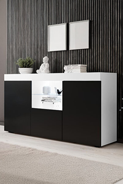 ECM Konsol Led Aydınlatmalı Şık Büfe Cam Raflı Modern Ve Zarif Konsol Beyaz S...