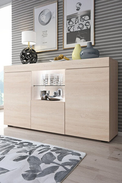 ECM Konsol Led Aydınlatmalı Şık Büfe Cam Raflı Modern Ve Zarif Konsol Sonoma ...