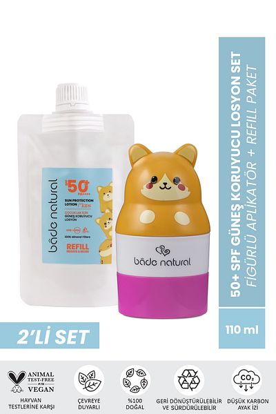 Bade Natural Children's Sunscreen Lotion 50+ Spf 100% Natural Refill Package + Cat Figure Applicator Set