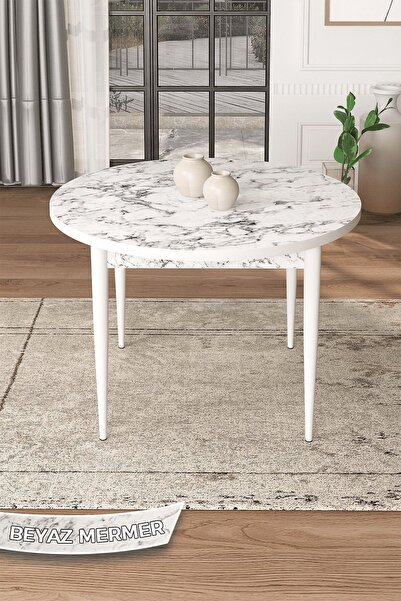Canisa Kea Serisi 90 X 90 Sabit Yuvarlak Beyaz Mermer Desen Mutfak Masası