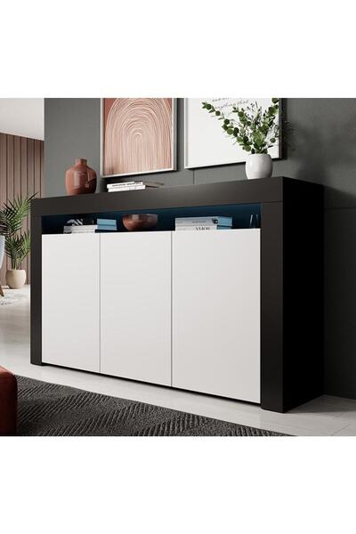 ECM Konsol Led Aydınlatmalı Şık Büfe Modern Ve Zarif Konsol Siyah Beyaz Mat Büfe