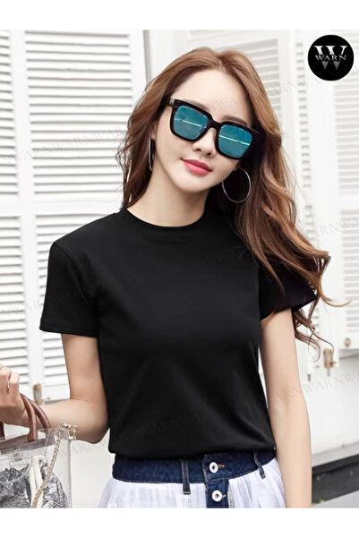 warn Siyah Kadın Bisiklet Yaka Slimfit T-Shirt Esnek Likralı %100 Pamuk YAZLIK