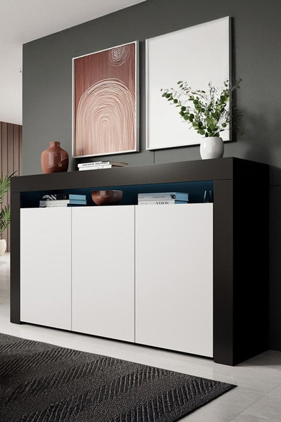 ECM Konsol Led Aydınlatmalı Şık Büfe Modern Ve Zarif Konsol Siyah Beyaz Mat Büfe