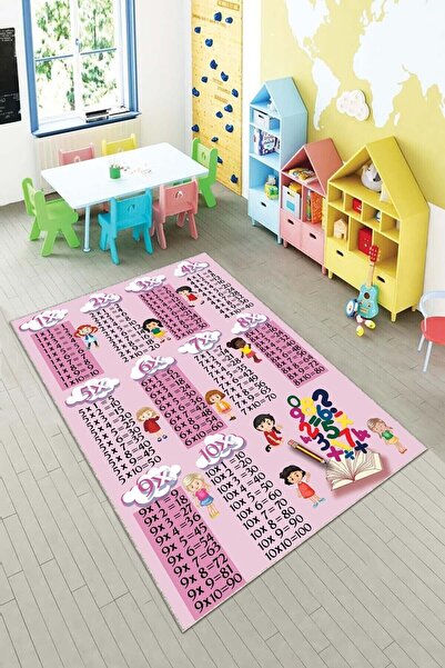 linazaitun Pembe Çarpım Tablosu Desenli Kaymaz Taban Çocuk Odası Halısı