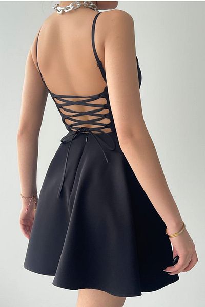 bayansepeti Rochie mini neagră evazată pentru femei, cu bretele reglabile, cu design cu șireturi, 362