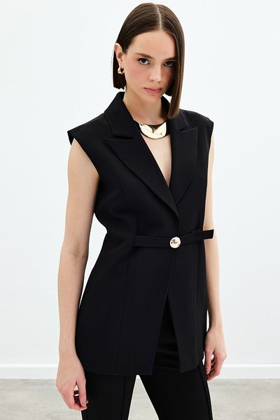 Sateen Long Vest with Buckle Detail - Black