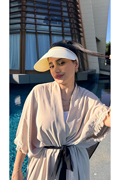 Luminos Butik Krem Güneş Koruyucu Şeritli Hasır Vizör Şapka Kutulu Gönderim Hsr2000