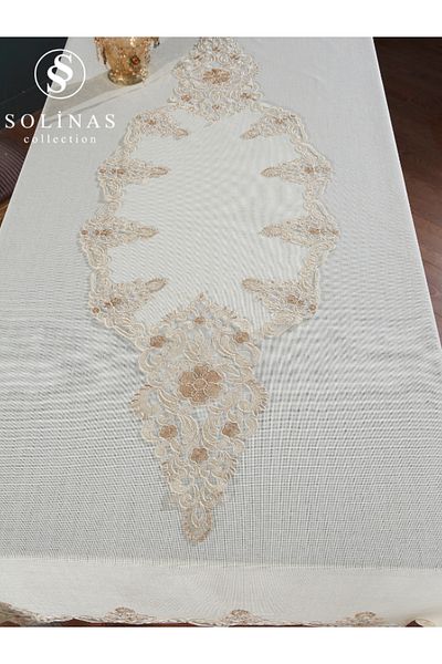 Solinas Collection Roman Cream Linen Fabric Mink Embroidered Tablecloth and Runner