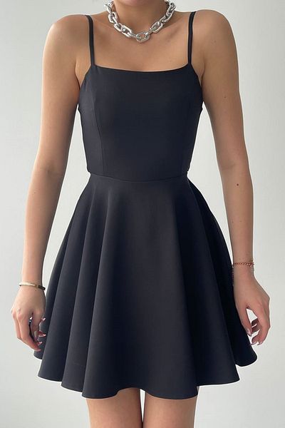 bayansepeti Rochie mini neagră evazată pentru femei, cu bretele reglabile, cu design cu șireturi, 362