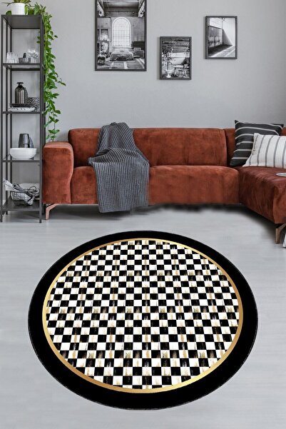 linazaitun Dama Desenli Dijital Baskı Yıkanabilir Kaymaz Taban Modern Salon H...