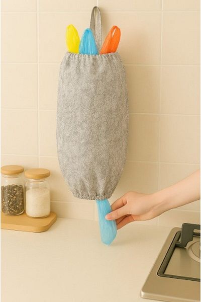 Emtory Home Gray Black Tree Bark Patterned Organizer Linen Double Elastic Bag Holder - Kitchen Organizer
