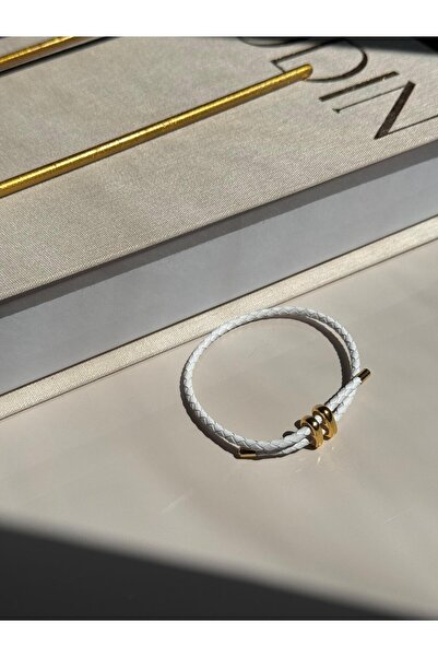 LEROSY CO. Beyaz Deri Görünümlü Çift Dolamalı Çelik Detaylı Bileklik – Unisex...