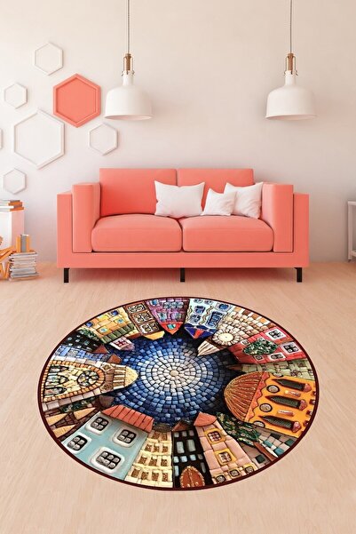 linazaitun Mozaik Renk Geçişli Taş Ev Desenli Dijital Baskı Yıkanabilir Kayma...