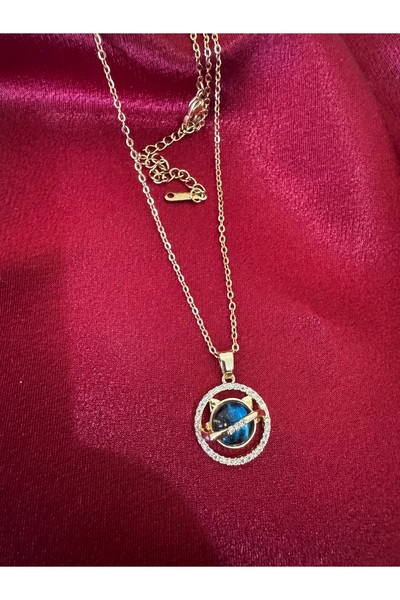 magische Gold Renk Işıltılı Mavi Taş Detaylı Gezegen Kadın Kolye