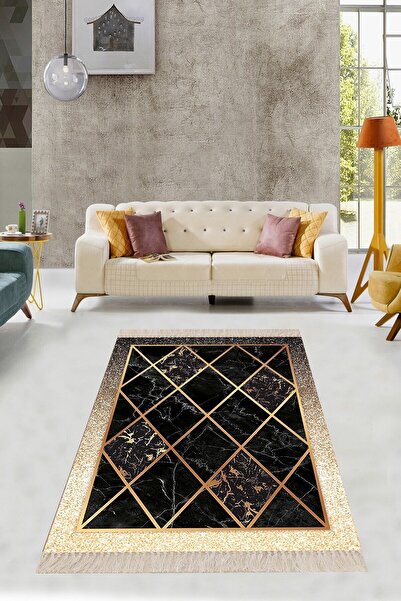 linazaitun Gold Şeritli Geometrik Desenli Karo Motif Dijital Baskı Yıkanabili...