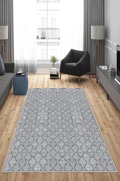 Genel Markalar Gri Baklava Desen Yıkanabilir Kaymaz Taban Leke Tutmaz Modern ...