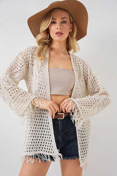Bigdart 15857 Cardigan supradimensionat cu ajurat/găuri - piatră