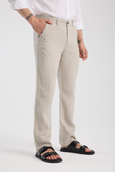 muzzo jeans Regular Fit Cream 100% Linen Trousers
