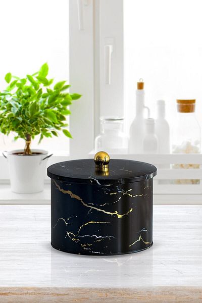 EVLE Ef145-50 Marble Black Patterned Round Metal Storage Container 17.5 Cm