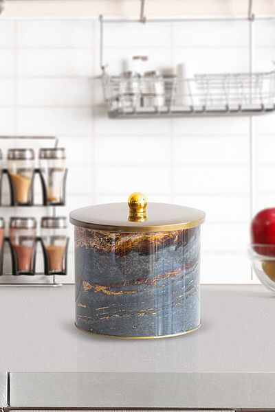 EVLE Ef146-h8 Rock And Gold Patterned Round Metal Storage Container 17.5 Cm