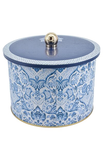 EVLE Azulejos Patterned Round Metal Storage Container 14 Cm, Food Container - Organizer 17.5 Cm X 13 Cm Er145-2h