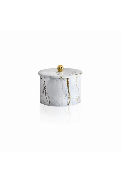 EVLE Ef145-51 Marble White Patterned Round Metal Storage Container 17.5 Cm