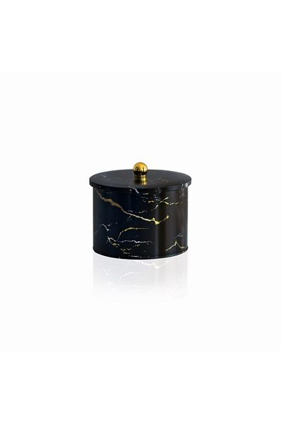 EVLE Ef145-50 Marble Black Patterned Round Metal Storage Container 17.5 Cm