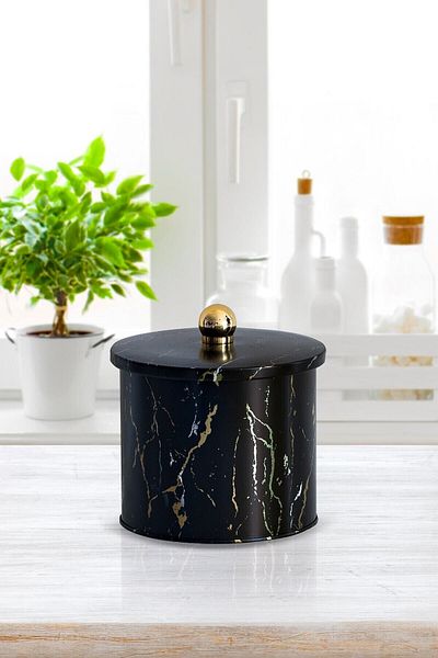 EVLE Ef142-50 Marble Black Patterned Round Metal Storage Container 14 Cm