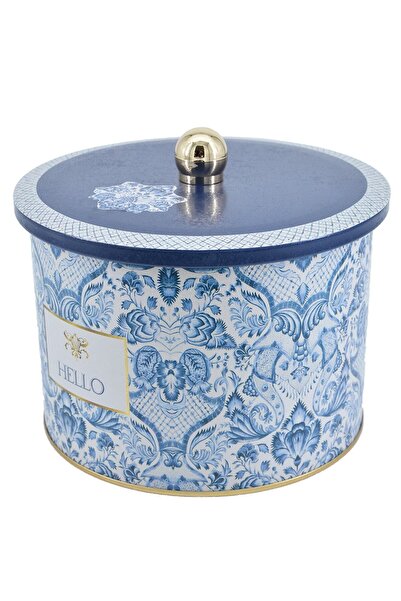 EVLE Azulejos Patterned Round Metal Storage Container 14 Cm, Food Container - Organizer 17.5 Cm X 13 Cm Er145-2h