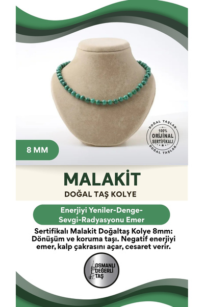 OSMANLI DEĞERLİ TAŞ Sertifikalı Malakit Doğaltaş Kolye 8 Mm, M534