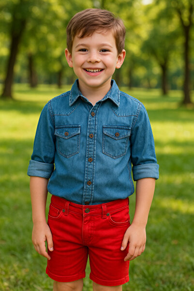 Hilal Akıncı Kids Erkek Çocuk Kot Gömlek Şort 2li Takım