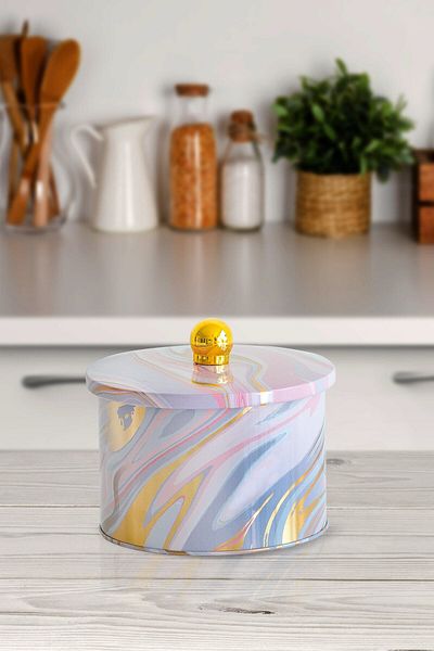 EVLE Ef141-ı0 Liquid Pink Patterned Round Metal Storage Container 14 Cm