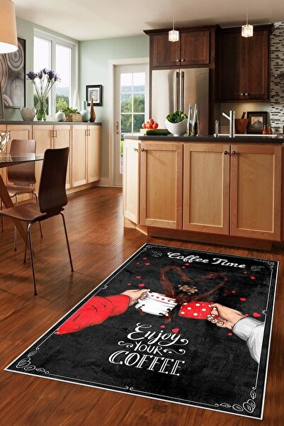 linazaitun Siyah Coffee Time Desenli Yıkanabilir Kaymaz Taban Leke Tutmaz Mod...