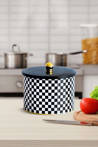 EVLE Ef145-g8 Checkers Black Patterned Round Metal Storage Container 17.5 Cm