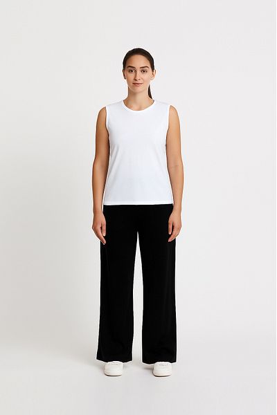 Cottonland Women's Katia Draped Wide Leg Elastic Waist Elastane Combed Cotton Trousers Black