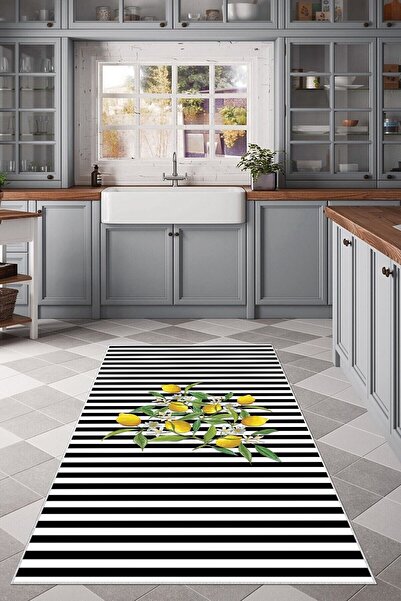 linazaitun Beyaz Siyah Şerit Limon Desenli Yıkanabilir Kaymaz Taban Leke Tutm...