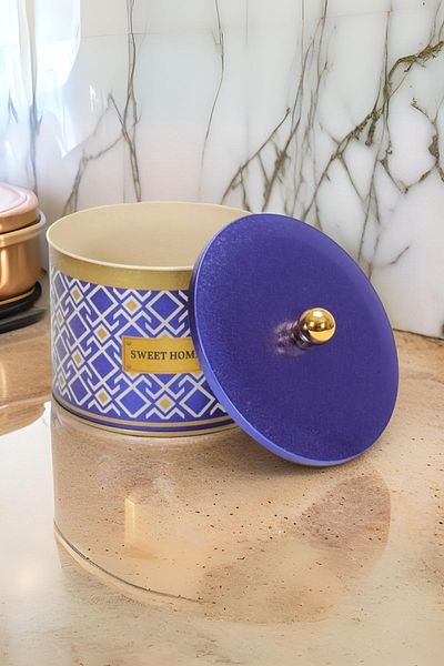 EVLE Ef145-93 Turkish Blue_swt Home Patterned Round Metal Storage Container 17.5 Cm