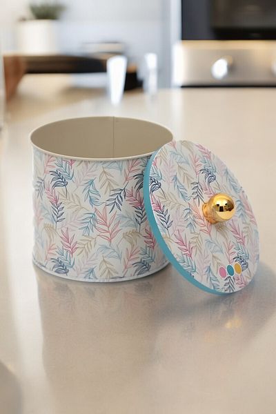 EVLE Ef142-43 Leaf 2 Patterned Round Metal Storage Container 14 Cm
