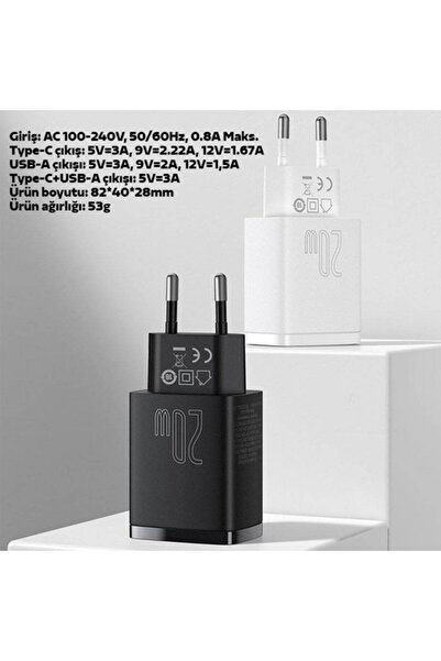 Baseus Compact 20w Usb + Type-c Çıkışlı Qc3.0 Hızlı Şarj Başlığı Şarj Aleti Siyah