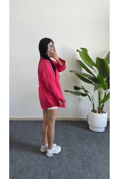 Shiron Sportswear&Company Cămașă de lux, roz fucsia, pentru femei, cu umăr dezactivat, cu buzunar din in, cu detaliu