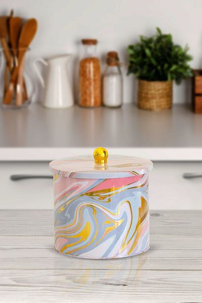 EVLE Ef146-ı0 Liquid Pink Patterned Round Metal Storage Container 17.5 Cm