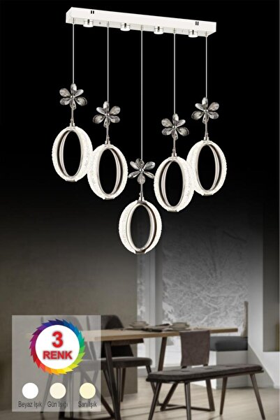 İstanbul Avize İstanbul Avize Zeus 5'li Yemek Masası Gümüş Kumandalı 3 Renk Ledli Modern Led Avize