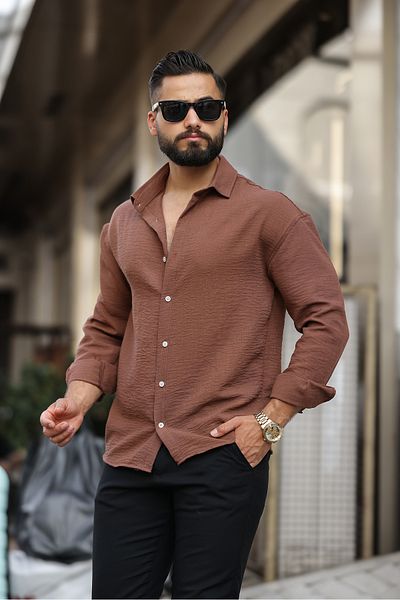çerme Υπερμεγέθη καφέ πουκάμισο με υφή
