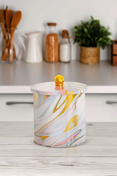 EVLE Ef143-ı0 Liquid Pink Patterned Round Metal Storage Container 14 Cm