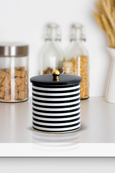 EVLE Ef147-g9 Line Black Patterned Round Metal Storage Container 17.5 Cm