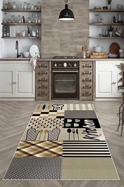 linazaitun Mavi Kitchen Open Temalı Yıkanabilir Kaymaz Taban Leke Tutmaz Modern Mutfak Halısı