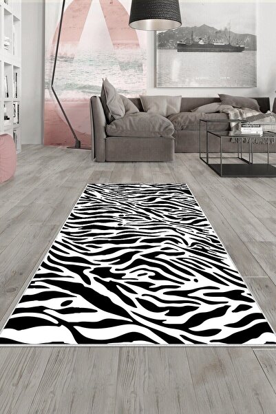 linazaitun Beyaz Zebra Desenli Yıkanabilir Kaymaz Taban Leke Tutmaz Modern Sa...