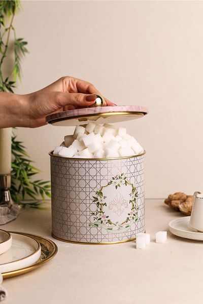 EVLE Rosy Patterned Round Metal Storage Container 14 Cm, Food Container - Organizer 17.5 Cm X 13 Cm Er145-u7