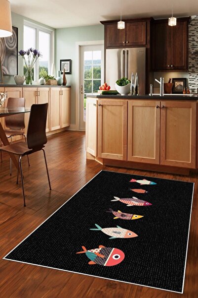 linazaitun Siyah Zemin Renkli Balık Desenli Yıkanabilir Kaymaz Taban Leke Tut...