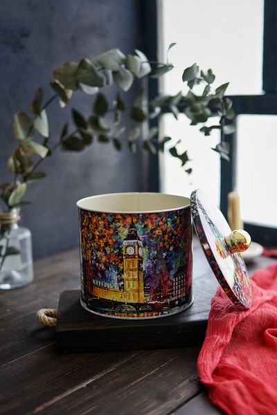 EVLE Ef142-01 Afremov Big Ban Patterned Round Metal Storage Container 14 Cm